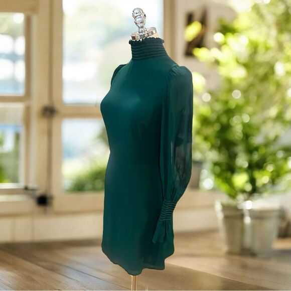 Reformation Archie Shirred Georgette Mini Dress Green Women’s 4 Long-Sleeve High - Picture 4 of 14